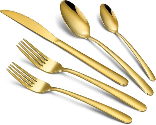 Gold Silverware Set - 20PCS Stainless Steel Silverware Set for 4, Includes Forks Spoons and Knives, Utensil Sets for Home Kitchen Restaurant, Dishwasher Safe
