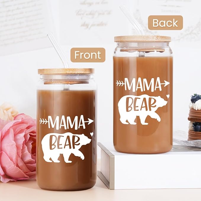 Gifts for Mom from Daughter Son - Mom 16 Oz Can Glass Coffee Cup with Bamboo Lid & Straw - Mothers Gift for Women on Birthday Mothers Day
