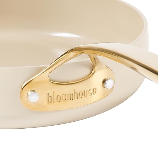 bloomhouse - Two Time Oprah's Favorite Things Winner - 10 Inch Heavy Duty Aluminum Premium PFA Free Ceramic Nonstick Saute/Deep Frying Pan Skillet with Lid - Almond Cream w/Gold Handle