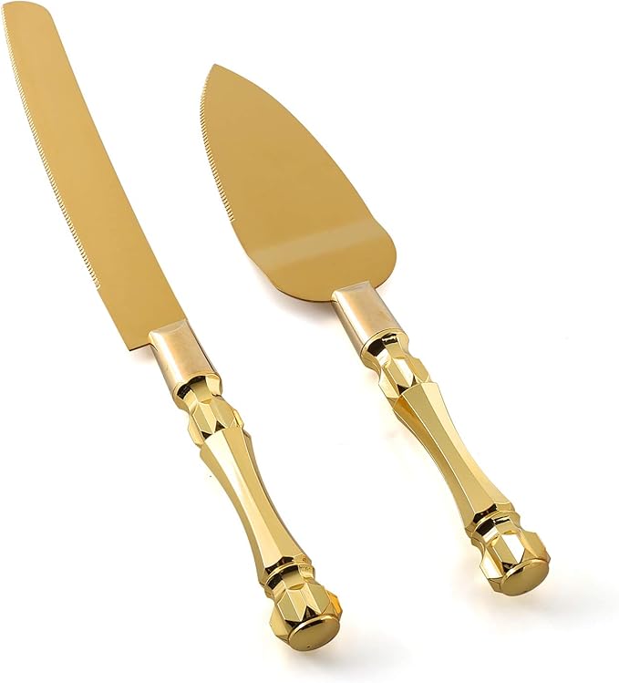 Homi styles Gold Elegant Cake Knife and Server Set, Cake Server and Knife Set of 2 with 420 Stainless Steel Plated Thick Blades, Cake Cutting Set for Wedding, Birthdays, Anniversaries, and Parties