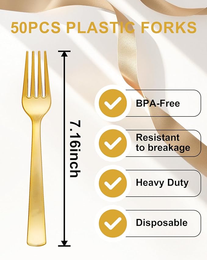 YOUBET 50PCS Gold Plastic Forks - Heavy Duty Plastic Forks - Solid Durable Gold Disposable Silverware for Party Picnic Wedding and Daily Use & Christmas