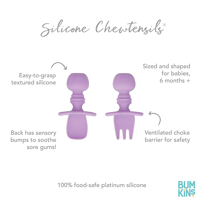 Bumkins Baby Utensils Set, Chewtensils Silicone Spoons for Dipping, Self-Feeding, Baby Led Weaning, Trainer Learning, First Stage Eating, Soft Practice Fork and Spoon, Babies 6 Months, Lavender