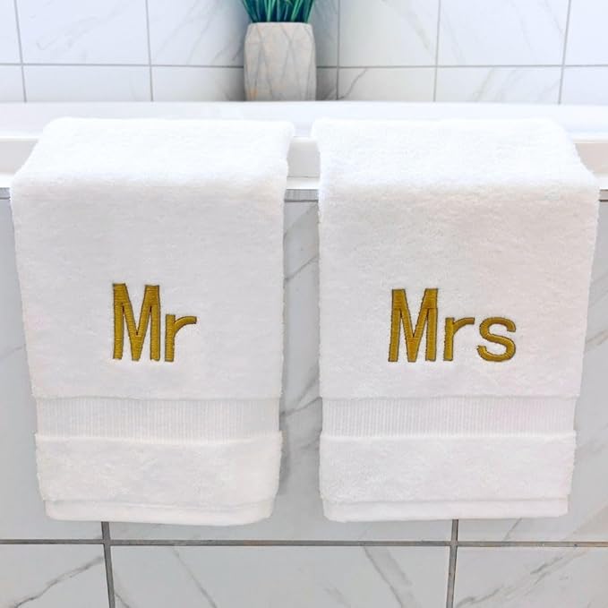 Gold Monogrammed Hand Towels for Bathroom - Luxury Hotel Quality Personalized Initial Decorative Embroidered Towel for Powder Room, Spa - GOTS Organic Certified - Mr and Mrs