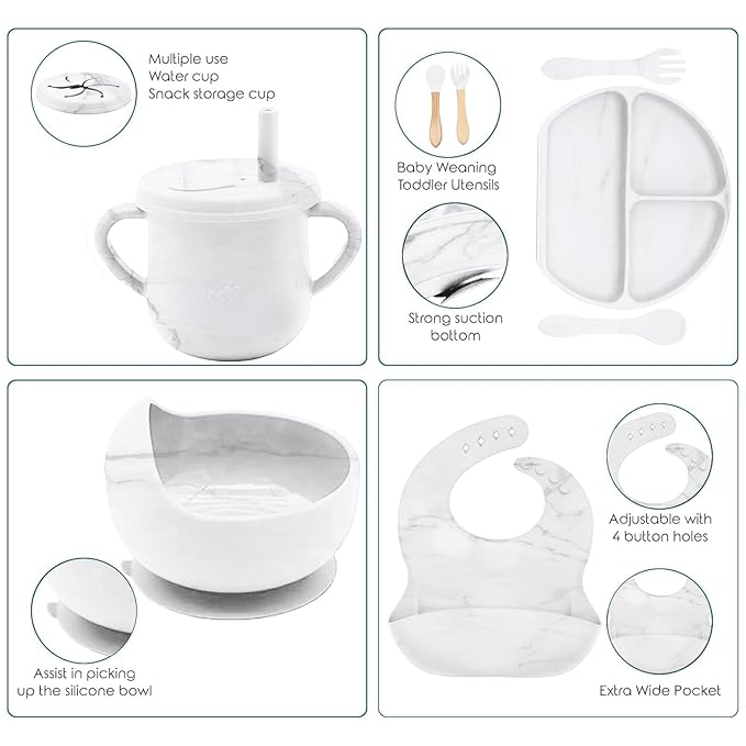 9pc BPA Free Silicone Baby Feeding Set - White: Suction Bowl, Divided Plate, Sippy Cup, Bib, Spoons, Forks - Baby Eating Utensils