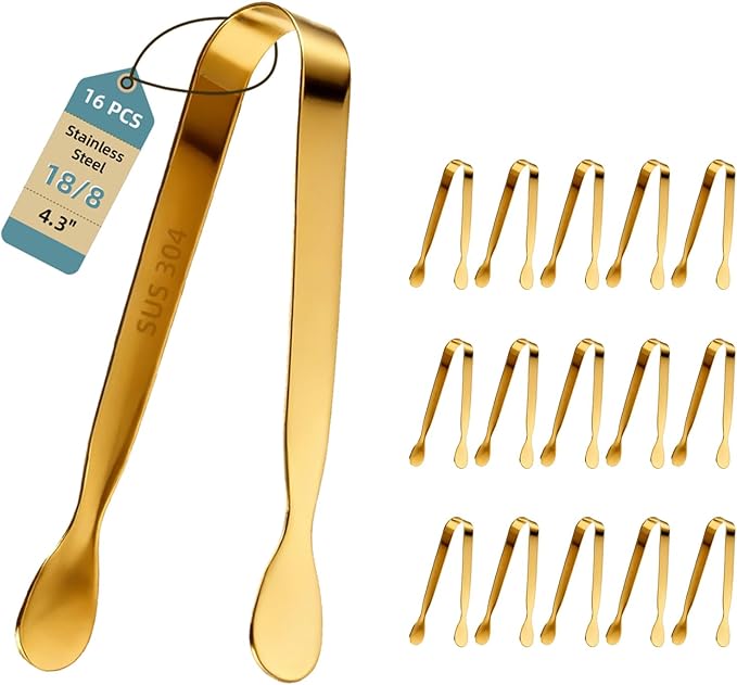 Pleafind 16 PCS Mini Serving Tongs - 4.3 inch, Food-Grade 18/8 Stainless Steel Mini Tongs, Mirror-polished Charcuterie Accessories for Coffee shops, tea party, bars, Sugar and Ice Bucket