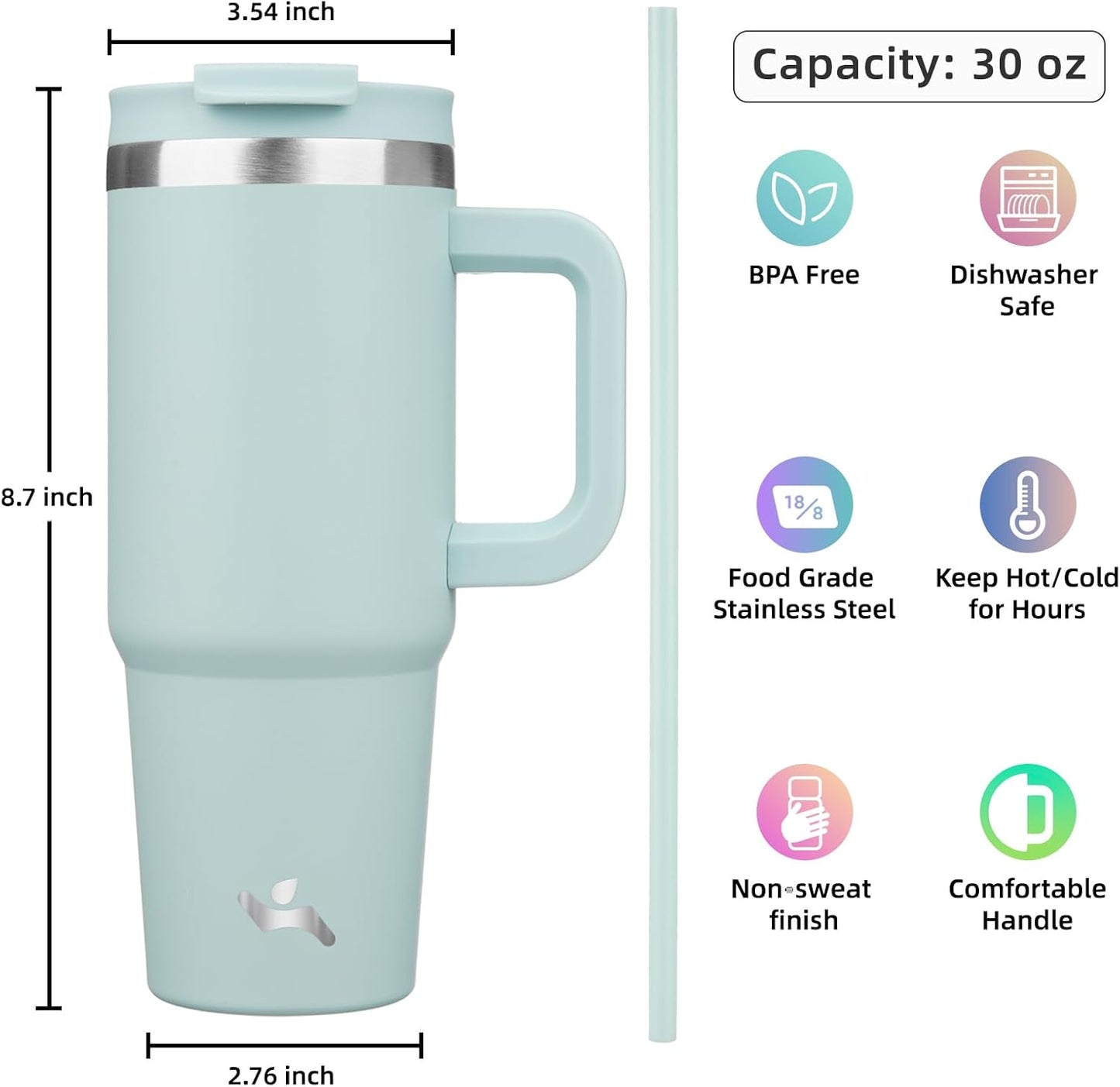30 oz Tumbler with Handle and 2 Straws,2 in 1 Lid Insulated Water Bottle Stainless Steel Travel Coffee Mug,Blue Haze