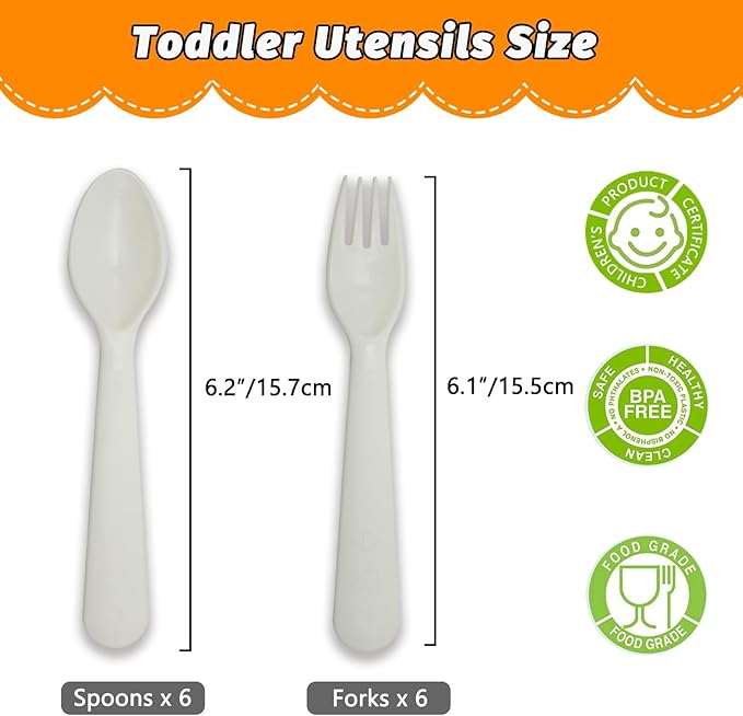 12 Pcs Kids Spoons and Forks Toddler Utensils Plastics Reusable Silverware Baby Cutlery Set Feeding Dinnerware Utensils BPA Free Microwave Dishwasher and Freezer Safe- White