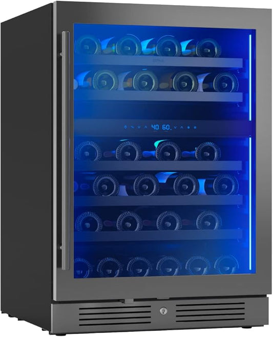 Zephyr Presrv 24" Wine Fridge Dual Zone Under Counter - Countertop Mini Wine Cooler Cellars Small Cabinet Wine Refrigerator Home Bar Chiller Freestanding with Glass Door Black, 45 Bottles 750ml
