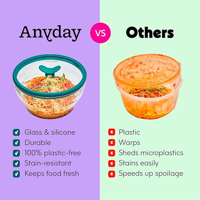 Anyday 4-Piece Large Glass Food Storage with Glass Lids | Plastic-Free Meal Prep & Microwave Cookware | Stackable Airtight Storage Container with Vented Lid for Microwave-Safe Reheating