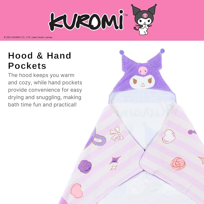 Sanrio Kuromi Kids Super Soft Bath/Pool/Beach Soft Cotton Terry Hooded Towel Wrap, 24 in x 50 in, (Officially Licensed Product) by Franco