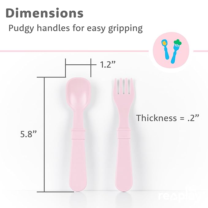 Re-Play Toddler Forks and Spoons Set - 4x4 Utensils for Kids with Case - Dishwasher and Microwave Safe - Made in USA - Pack of 8-5.8" x 1.2" x 0.2" - Blossom