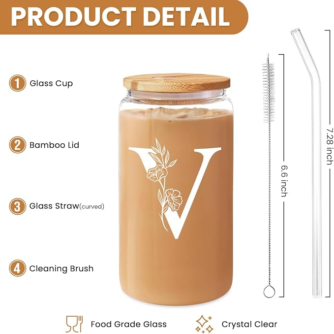 SANDJEST Monogrammed Gifts for Women - Monogram V Initial Glass Cup 16 Oz Can Coffee Cups with Lid and Straw - Monogram Initials Gifts for Womens on Birthday