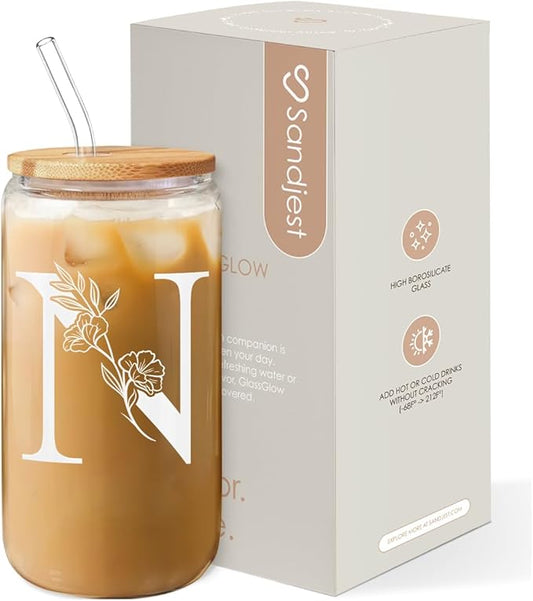 SANDJEST Monogrammed Gifts for Women - Monogram N Initial Glass Cup 16 Oz Can Coffee Cups with Lid and Straw - Monogram Initials Gifts for Womens on Birthday