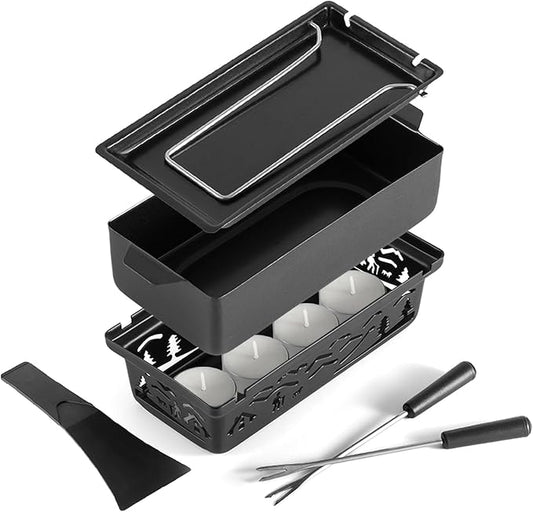 Swissmar Tandem Candle Fondue & Raclette Set - Portable 2-in-1 Tabletop Fondue Pot with Raclette Dish, Forks, Spatula & Tealight Candles