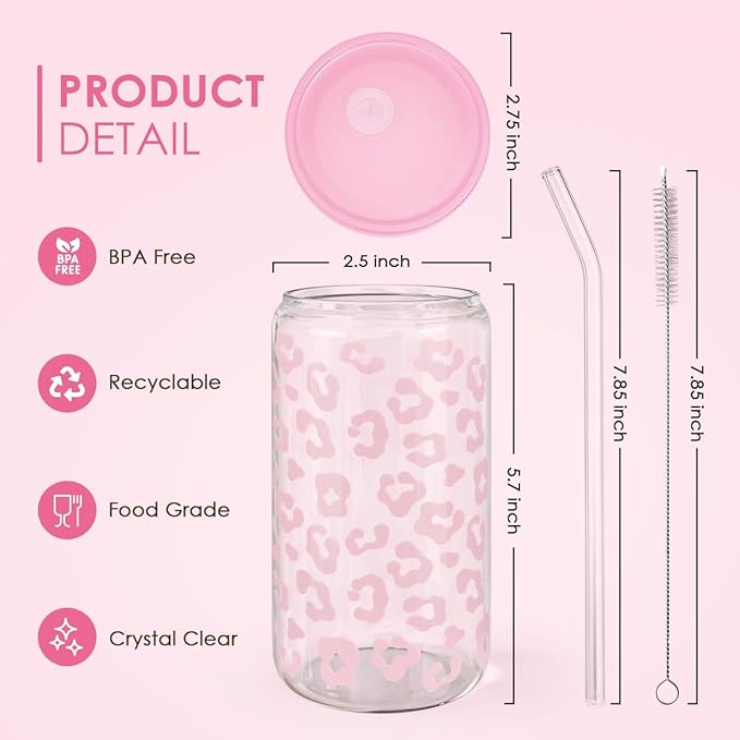 SANDJEST Leopard Glass Bottle, Pink Leopard Print Glass Cup with Lid & Straw, Iced Coffee Aesthetic Glass Can, Gifts for Women, Christmas Birthday Mother's Day