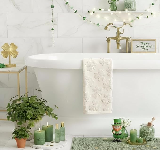 Artoid Mode 1 Pc Beige 3D Shamrock Jacquard Patrick Hand Towels for Bathroom, 100% Cotton Soft Absorbent Bathroom Decor Towels, 13.7 x 29.5 Inch