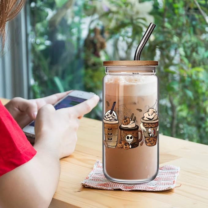 FALJIOK Skeleton Glass Cup w/Lid Straw 16OZ, Skull Coffee Cup, Skeleton Halloween Gifts for Coffee Lover, Witchy Gifts for Women Tarot Lovers