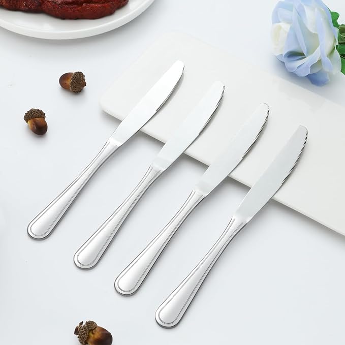 Dinner Knives Set of 24, 9” Knives Set, Butter Knife with Pretty Line Handle, Sharp Knife Set, Food Grade Stainless Steel Table Knife, Silverware, Dishwasher Safe & Mirror Polished