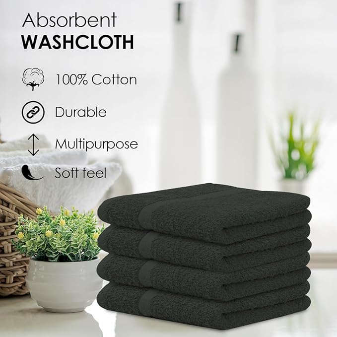 Avalon Towels Cotton Washcloths – (Pack of 48) Size 12x12 Inches, 100% Ring Spun Cotton, Soft & Absorbent Face Towels, Gym Towels, Hotel and Spa Quality, Reusable Fingertip Towels (Grey)