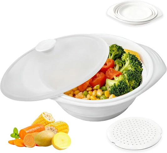 44oz White Silicone Steamer Microwave, Collapsible Vegetable Steamer Microwave with Magnetic Lid, Space-Saving Design, Dishwasher Safe Silicone Bowl for Cooking Veggies, Dumplings, Healthy Cooking