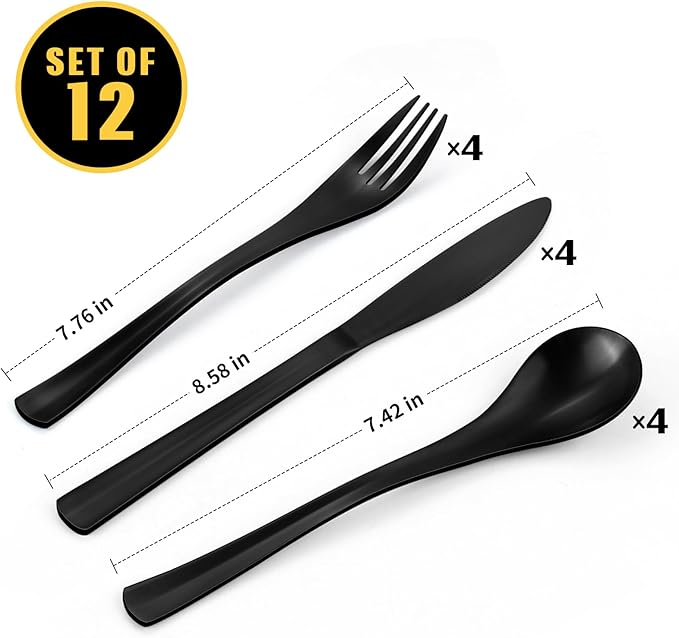 Bysta 12 Piece Black Silverware Set, Knife Fork Spoon Set, Stainless Steel Flatware Cutlery Set, Kitchen Utensil Set Service for 4, Tableware Set for Home and Restaurant, Dishwasher Safe, Satin Finish