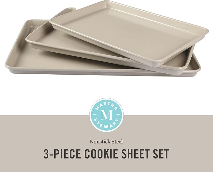 Martha Stewart Gallen 3-Piece Cookie Sheet Set – 13", 15", 17" Baking Pans, Ceramic Nonstick, PFA-Free, Carbon Steel – Oven Safe to 450°F, Warp-Resistant, Easy to Clean - Taupe