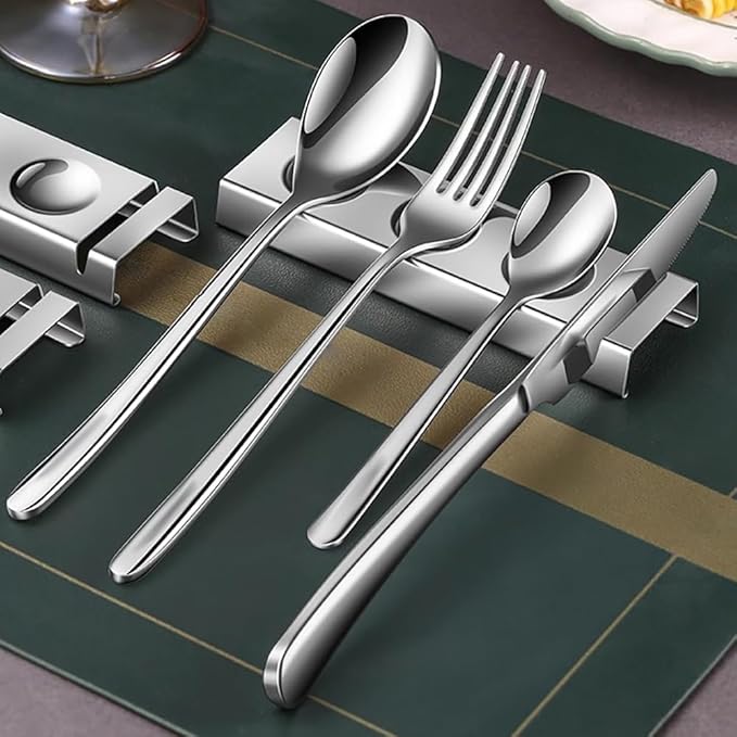 Cutlery Rests Stand for Chopsticks Spoon Knife Teaspoons Salad Fork Stainless Steel Flatware Tableware Rest Holder 6 PCS Dinner Table Settings (Silver, 14.5X4.5X1.5CM)