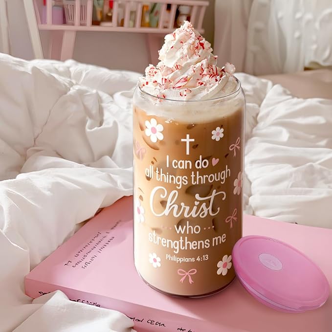 SANDJEST Christian Glass Can Tumbler 16oz, Inspirational Glass Cup with Lid & Straw, Iced Coffee Aesthetic Cups for Women Girls, Gifts Idea for Christmas Birthday