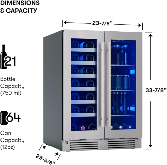 Zephyr Presrv 24 Inch Wine Fridge & Beverage Refrigerator Dual Zone Under Counter - Wine Cooler Cellars Small Beer Fridge Cabinet Drink Chiller Freestanding with French Glass Door 21 Bottles, 64 Cans