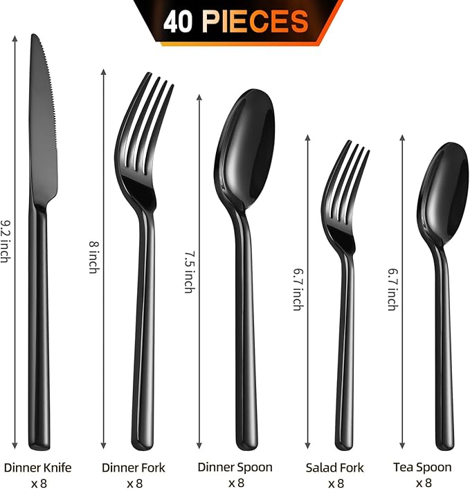 40-Piece Black Silverware Set, Heavy-Duty Stainless Steel Black Flatware Set for 8, Cutlery Set with Modern Round Handle, Mirror Polished Utensils Set, Dishwasher Safe