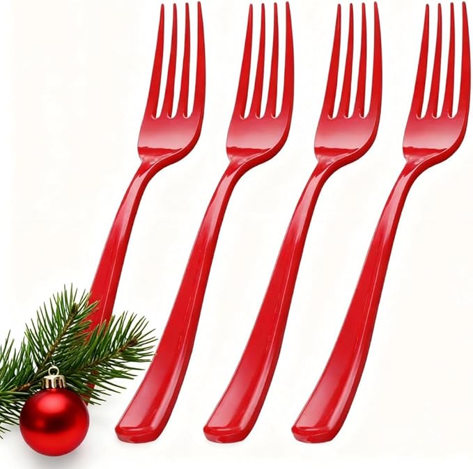 WDF 100 Pieces Red Christmas Forks - 7.4inch Heavy Duty Red Forks Disposable - Plastic Silverware for Dessert Cake - Plastic Cutlery for Christmas or Daily Using