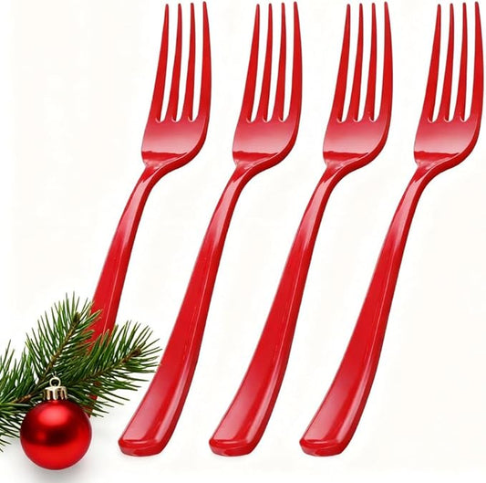 WDF 100 Pieces Red Christmas Forks - 7.4inch Heavy Duty Red Forks Disposable - Plastic Silverware for Dessert Cake - Plastic Cutlery for Christmas or Daily Using