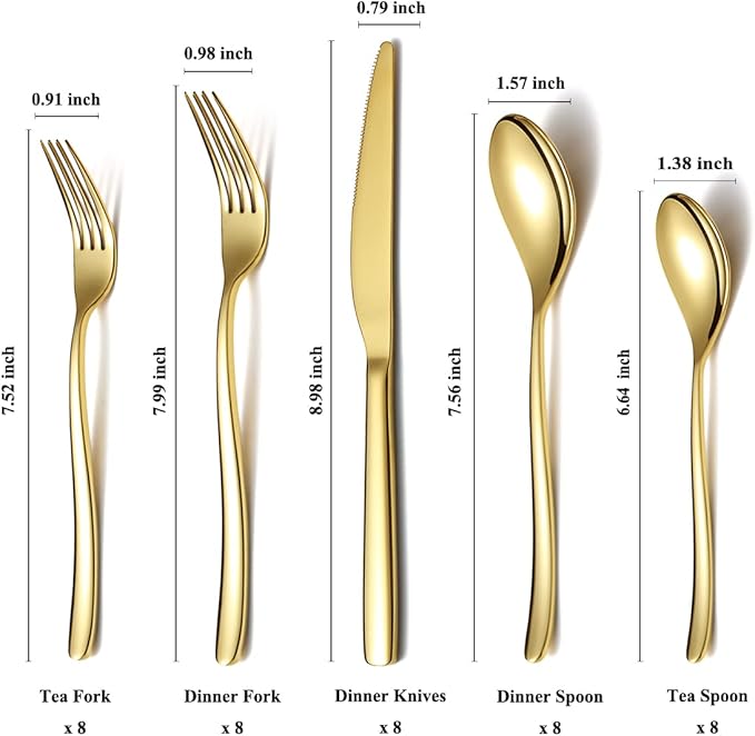 HOMQUEN 40-Piece Gold Silverware Set, Gold Flatware Set for 8, Stainless Steel Tableware Cutlery Set, Utensil Sets for Kitchen, Forks and Spoons Silverware (Shiny Gold)