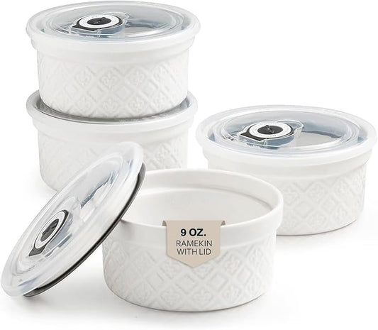 9 oz Ramekins with Lids, Creme Brulee Ramekins Oven Safe, Small Ceramic Serving Bowls, White Custard Cups for Baking, Dipping Sauce Cups, Pinch Bowls Ideal for Birthday Party, Set of 4