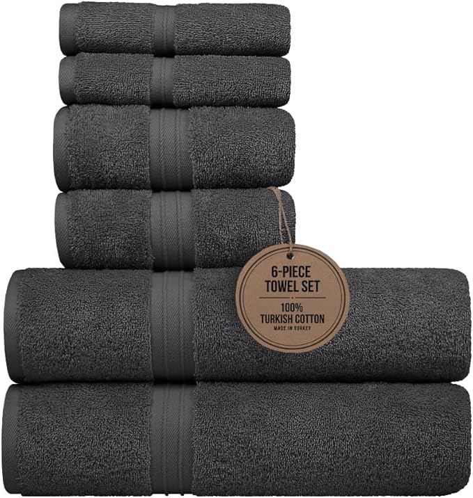 6 Piece Home Towel Set - Soft & Cozy - 100% Cotton, Modern, Hotel Quality, Includes 2 Bath Towels (28" x 56"), 2 Bathroom Hand Towels (16"x28") and 2 Wash Cloths (12"x12") - Anthracite Gray