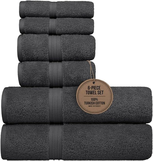 6 Piece Home Towel Set - Soft & Cozy - 100% Cotton, Modern, Hotel Quality, Includes 2 Bath Towels (28" x 56"), 2 Bathroom Hand Towels (16"x28") and 2 Wash Cloths (12"x12") - Anthracite Gray