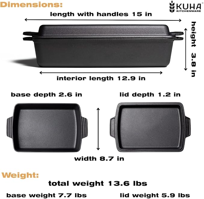 Kuha 2-in-1 Square Cast Iron Dutch Oven, 6 QT – Skillet Lid & Casserole Dish, Pre-Seasoned 13×9 Baking/Roasting Pan, Oven-Grill-Campfire Safe, Comes with Chainmail Scrubber