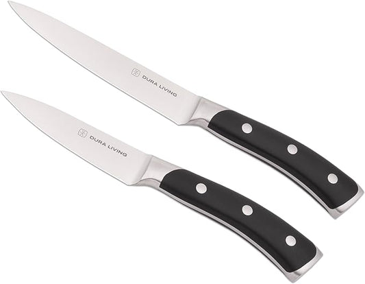 DURA LIVING 2-Piece Kitchen Knife Set – Ultra Sharp Precision German Stainless Steel Blades, 5” Utility & 3.5” Paring Knife with Ergonomic Handles, Multipurpose for Slicing & Peeling, Black Handle
