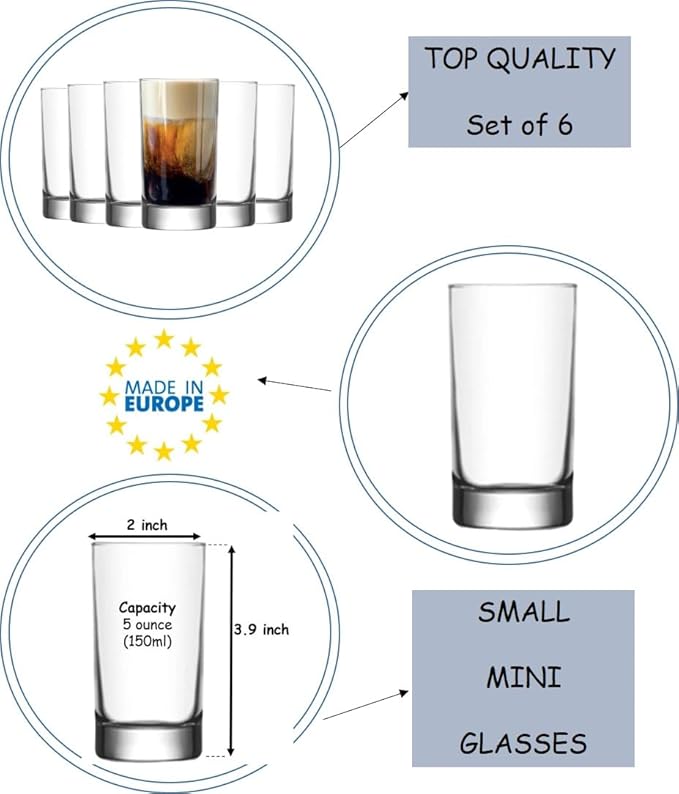 BOHEM'S Small Juice Glasses, Mini Clear Glass Cups Tumblers, 5.1 Oz, Drinking Glassware for Orange Juice, Water, Milk, Coffee, Perfect for Tasting and Small Portions, Set of 6,
