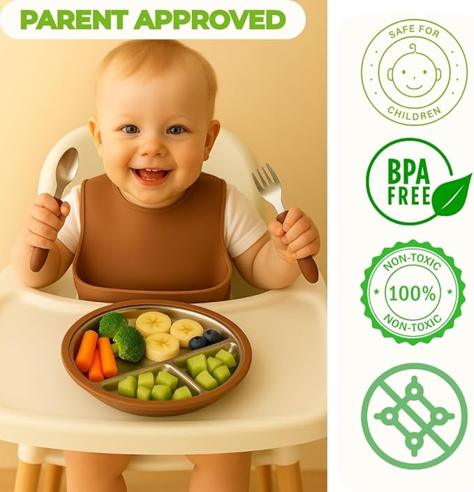 Stainless Steel Toddler Feeding Set 4 Pieces – Suction Plate, Silicone Bib, Spoon & Fork – Divided Plates for Baby Led Weaning, BPA-Free, Removable Shell (Mocha Mousse)