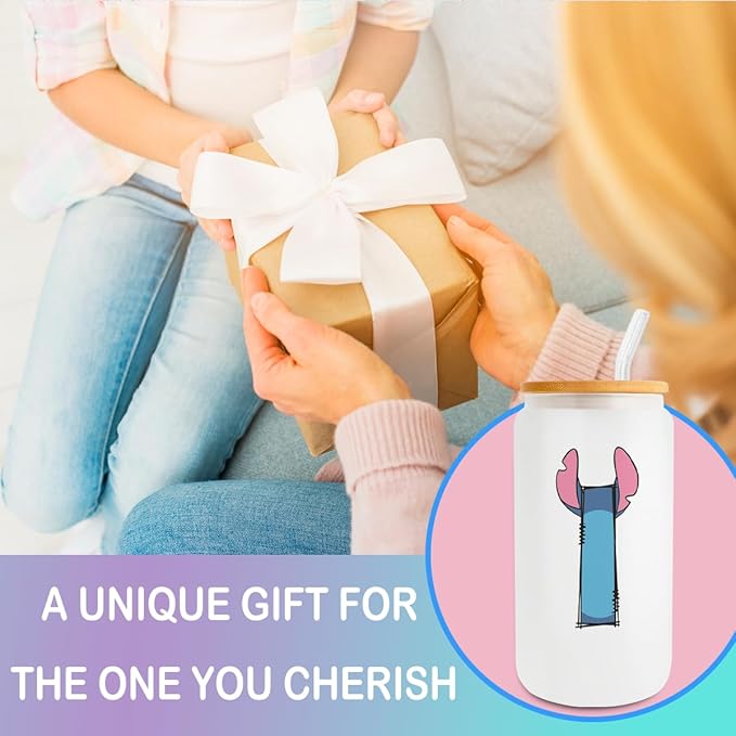 Cute Cartoon Lover Gifts Initial A-Z Personalized Iced Coffee Cup Cartoon Merch 16oz Glass Cup with Lid and Straws Birthday Christmas Gifts for Women Teen Girls Fans (Letter I)