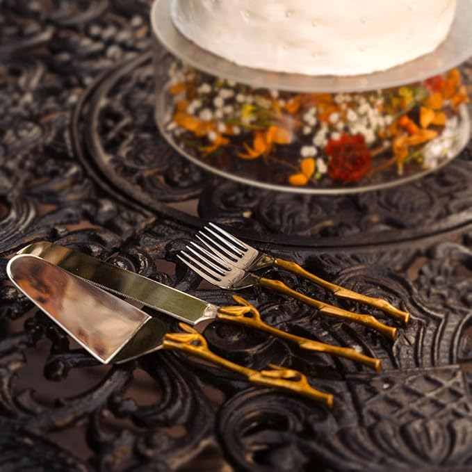 Wedding Cake Knife and Server Set with Gold Branch and Leaf Handles - 4-Piece Cake Cutting Set for Weddings with Engraved Forks - Rustic Gold Cake Cutter & Serving Gift Box
