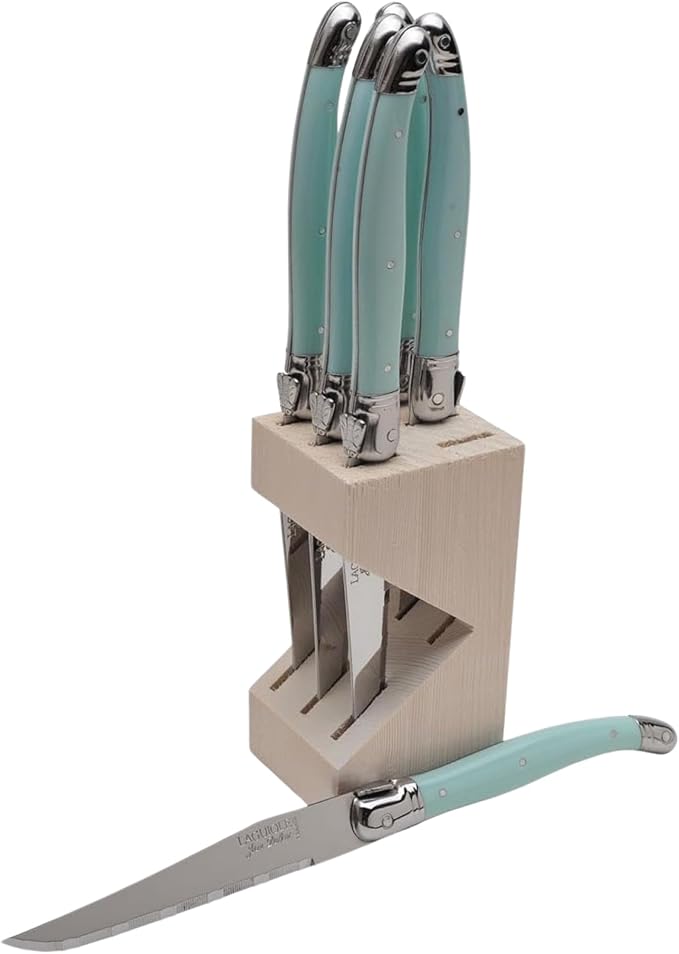 Jean Dubost JD5-12402.TQ 6 Steak Knives In Wooden Block, Turquoise