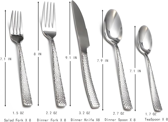 Hammered silverware set, 40 Piece Stainless Steel Flatware Set for 8, Food-Grade Tableware Cutlery Set for Home Restaurant, Mirror Polished, Dishwasher Safe