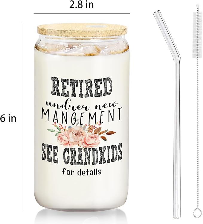 Grandma Retired Glass Cup with Lids and Straws 14oz, Best Retirement Gifts for Grandma, Mother's Day Gifts for Grandmother Glass Iced Coffee Tumbler Drinking Jars with Cleaning Brush