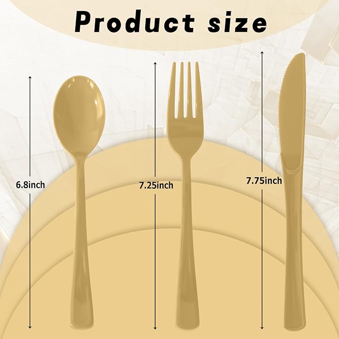 150 Pack Disposable Plastic Silverware, Heavy Duty Gold Plastic Cutlery Set Includes 50 Forks 50 Knives 50 Spoons for Birthday Wedding Party Picnics (150, Gold)