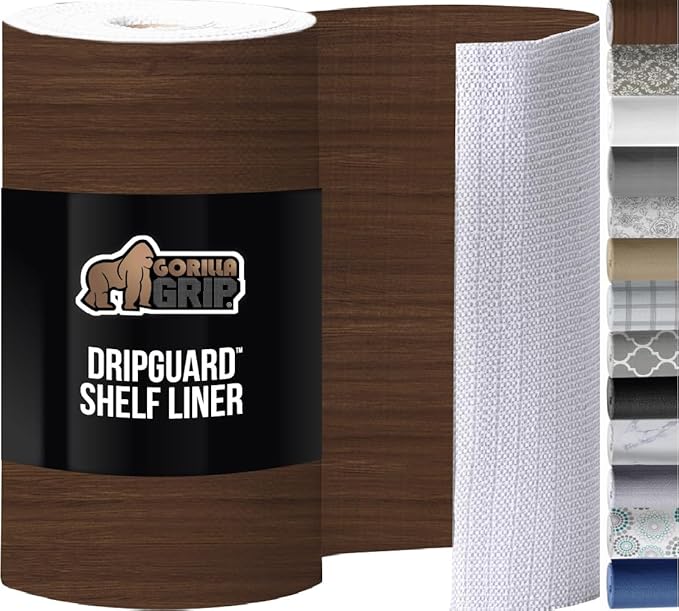GORILLA GRIP DripGuard Shelf Liner, Non Adhesive Drawer and Kitchen Cabinet Protector, Slip Resistant BPA Free Smooth Surface Plastic Liners for Cabinets, Bathrooms, Closets, 12x240 Inch, Wood