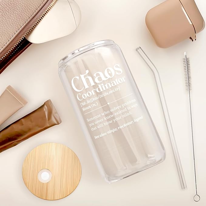 Chaos Coordinator 16oz Can Glass Tumbler with Bamboo Lid & Straw, Iced Coffee Cup for Female Coworker Friends Colleagues, Aesthetic Cups Gifts for Birthday Christmas Farewell Retirement