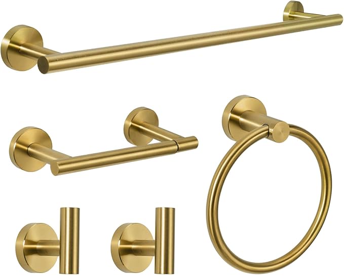 5-Piece Towel Racks for Bathroom, Stainless Steel Bathroom Accessories Set, Bathroom Towel Holder Wall Mounted, Sturdy Bath Towel Bar Set Bathroom Hardware Set (Brushed Gold, 2 Pillar Paper Holder)