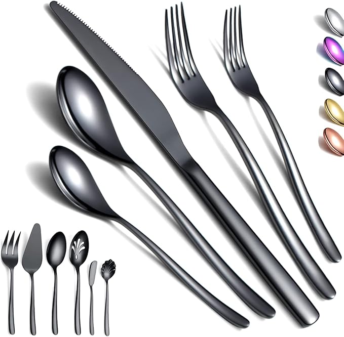 Black Stainless Steel Flatware Set 46 Piece, Cutlery & Utensil Set - Cake Server, Serving Spoon, Fork, Sugar Spoon, Butter Knife (Shiny Black)